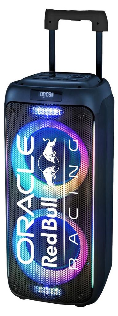 A portable speaker with lights and branding.