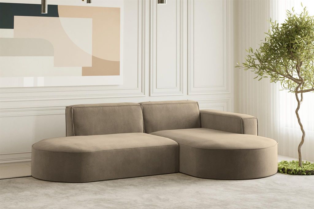 Ecksofa Designersofa PALMA XS in Stoff Noel Braun Ottomane Rechts