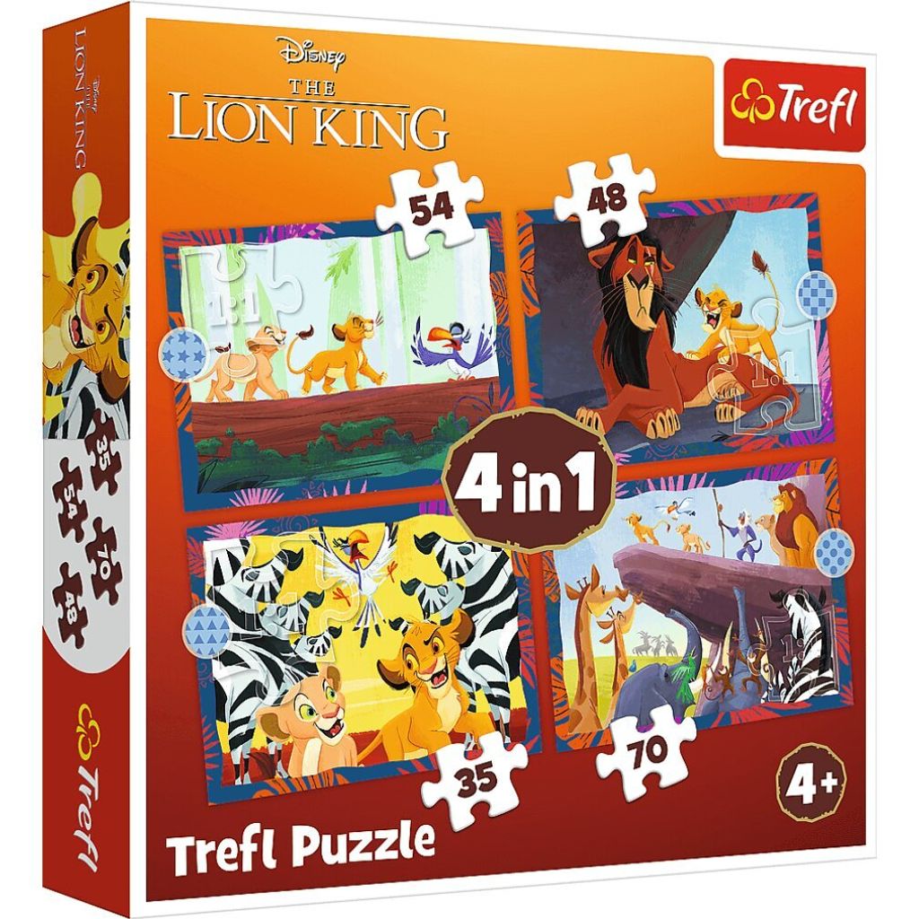 The image shows the front of a puzzle box for Disney's The Lion King, featuring four different puzzle scenes and the Trefl brand logo.