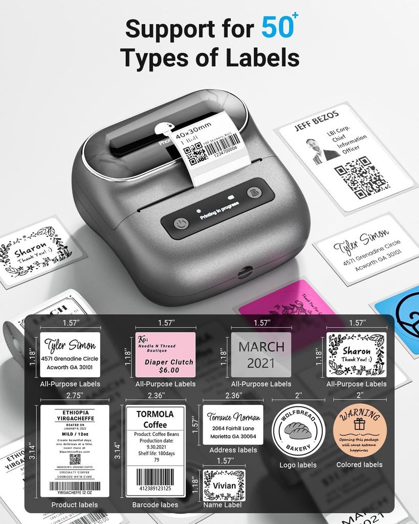 Bisofice Y50 Bluetooth-Etikettendrucker – Thermodrucker Mit App, 1 Rolle Etiketten, Für IOS/Android, Büro, Einzelhandel & Mehr