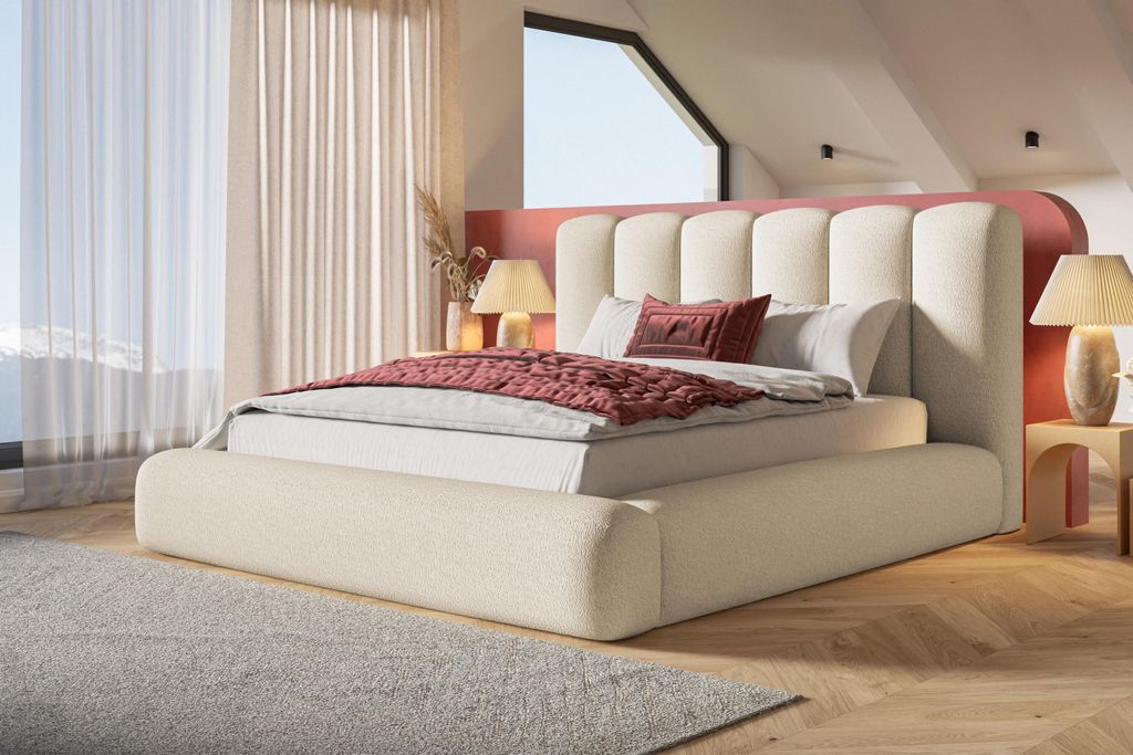 Bett 120x200, Bett mit Lattenrost, Polsterbett mit Bettkasten und Holzrahmen, Eleganter Catch Me-Stoff, Kollektion Alva Maxi, Beige