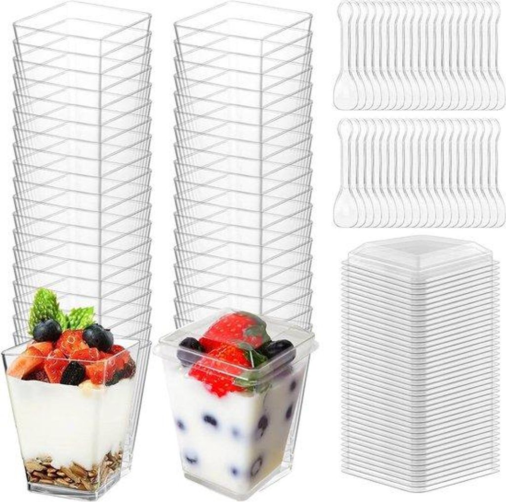 Wiederverwendbare Plastikdessertbecher 150ml mit Deckel und Löffel