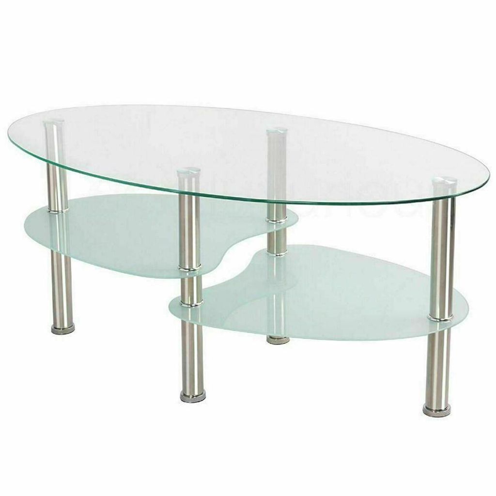 Glastisch Oval Edelstahl 90x50x42 cm，2 Ebenen Hartglas Produktbild 