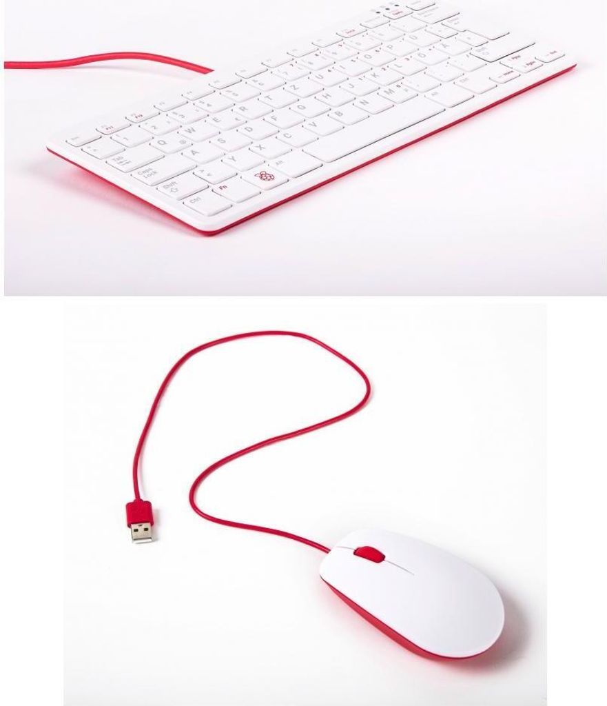 A white Raspberry Pi keyboard and mouse with red accents, shown on a white background.