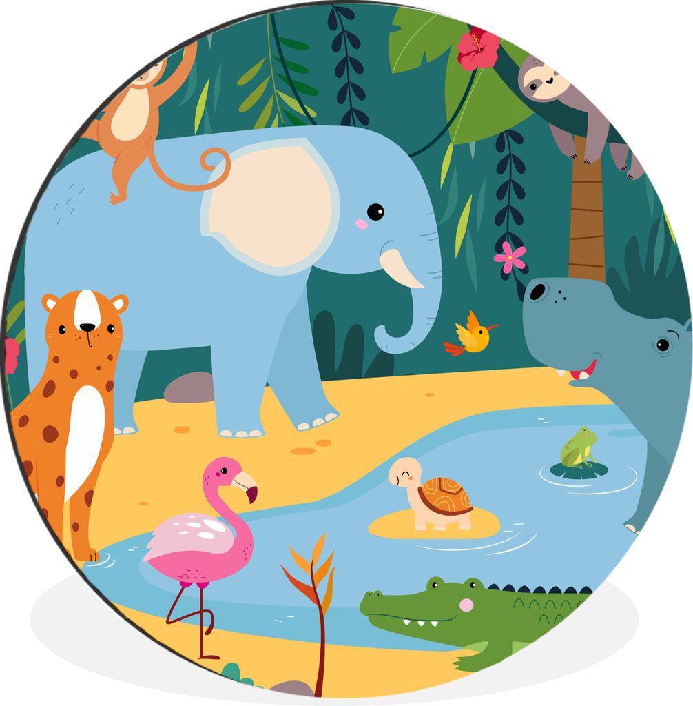 MuchoWow Aluminium Wandkreis Dschungel - Elefant - Tiere Ø 60 cm Wanddeko Modern Wohnzimmer - Wand Kreis - Wandbild - Schlafzimmer - Aluminium B...
