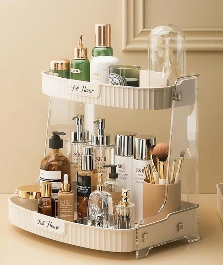 Présentoir Cosmétique 2 Étages Beige pour Organisation Plans de Travail Chic