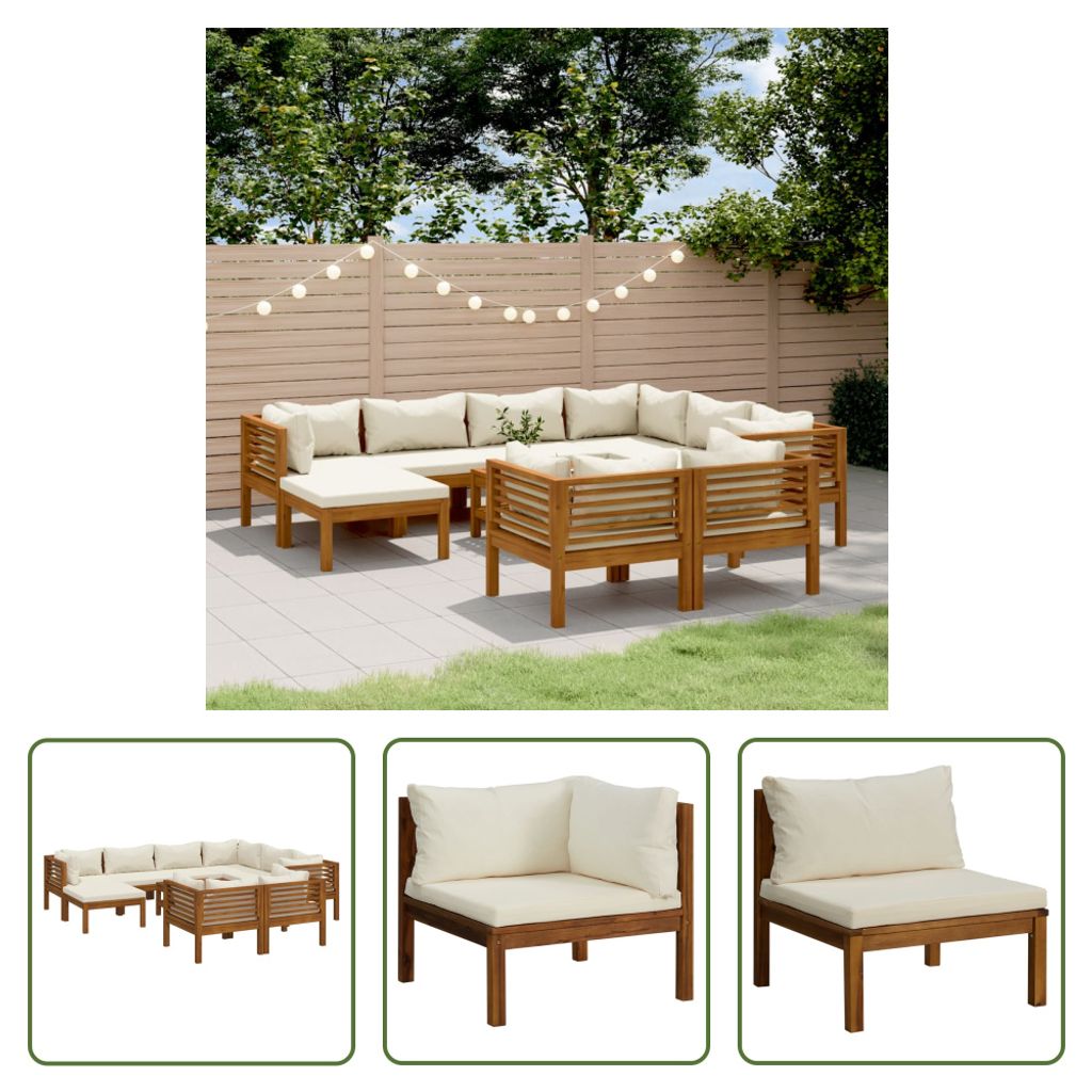 The Living Store 10-tlg. Garten-Lounge-Set mit Creme Kissen Massivholz Akazie