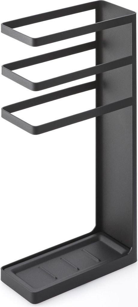 A black metal umbrella stand with three horizontal bars and a tray at the bottom, shown against a white background.