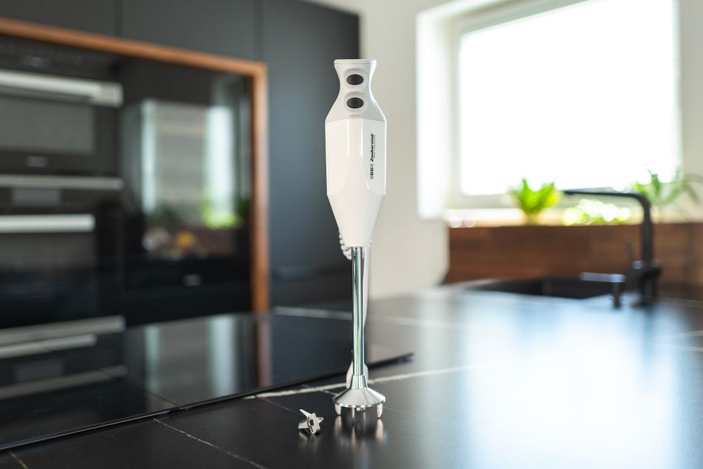 Der Unold ESGE-Zauberstab® P 350 Profi Stabmixer mit Metallschaft und -messer steht aufrecht auf ein