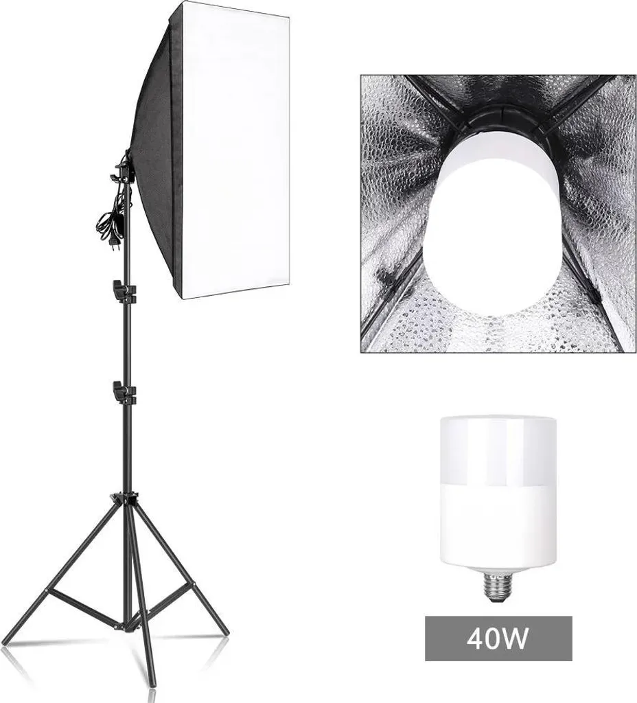 Kit d'éclairage Softbox avec pied réglable et ampoule E27 de 40W incluse