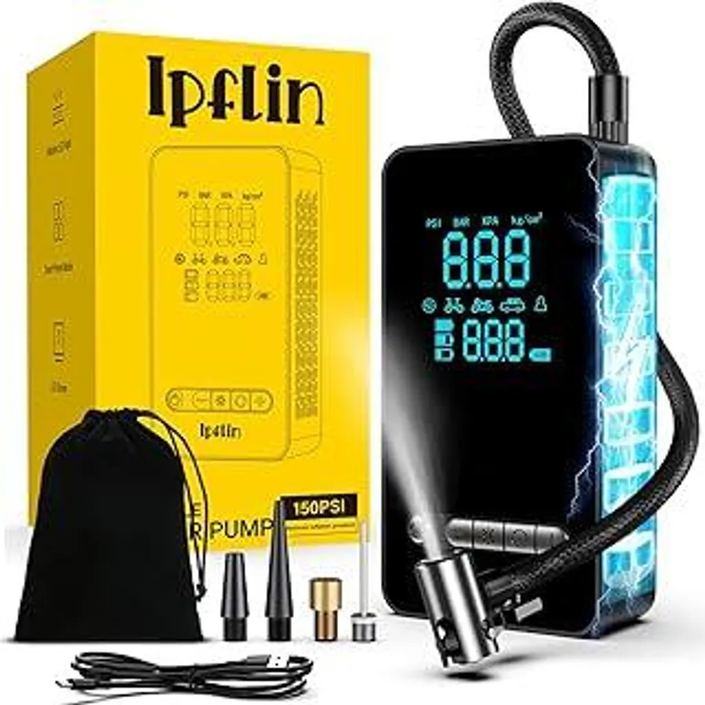 Pompa elettrica ad aria, 150 PSI Compressore portatile a batteria 12V 5000mAh, Pompa ad aria ricaricabile per biciclette con luce LED, Pompa elettrica per biciclette per auto, e-bike, moto