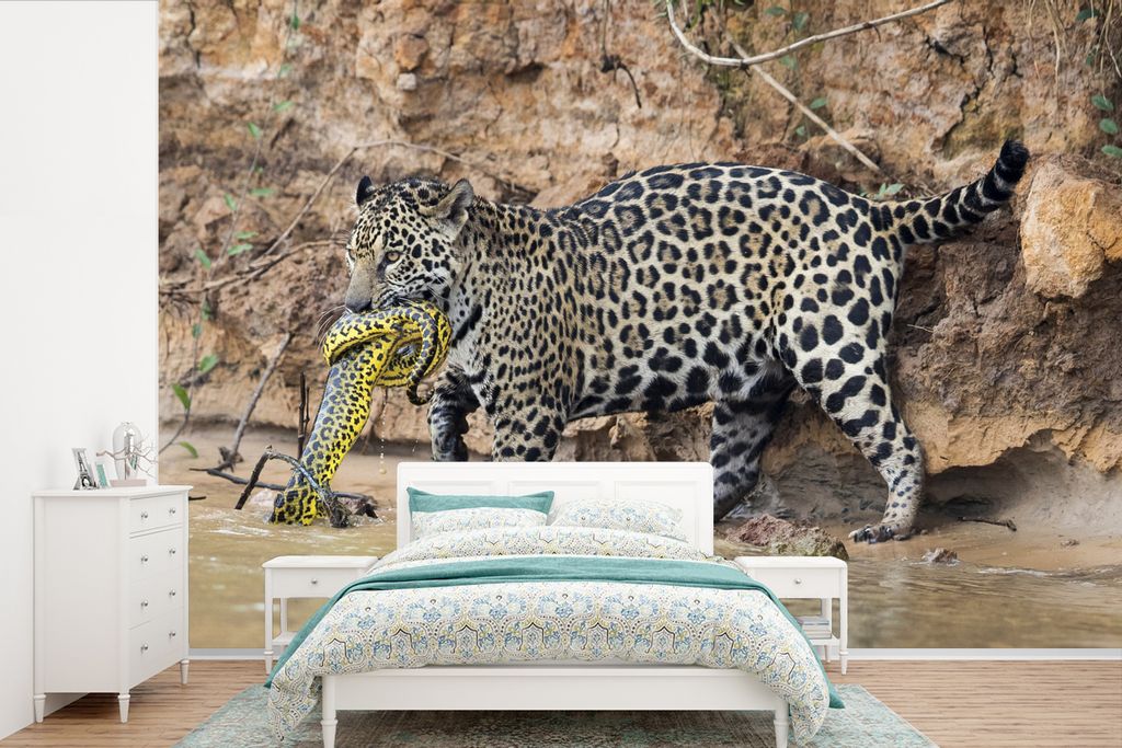 MuchoWow Fototapete für Wohnzimmer oder Schlafzimmer Wandtapete Vinyl Motivtapete Jaguar - Schlange - Wasser - 600x400 cm - Vinyltapeten