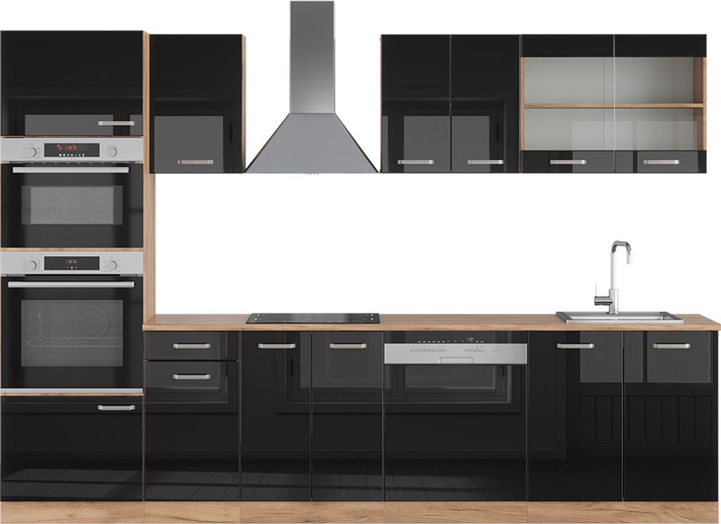 Küchenzeile Vicco R-Line Schwarz Hochglanz/Goldkraft Eiche 300 cm mit Hochschrank, AP Eiche, Model 43085
