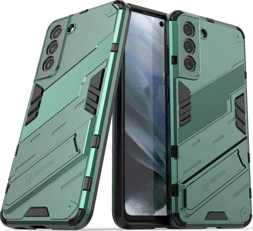 Armor Hülle für Samsung Galaxy S21 FE, Hybrid PC TPU Bumper Stoßfestes Schutzhülle mit Standfunktion Grün