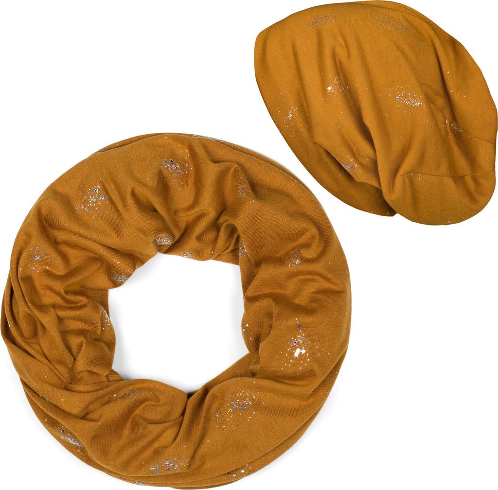 styleBREAKER Damen Loop Schal und Beanie Mütze Set mit Glitzer und Pailletten Punkte, 2-Teilig 01018220