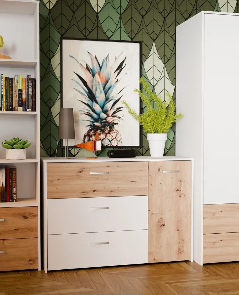 Commode de rangement 3 tiroirs avec porte CULGOA chêne/blanc - 2