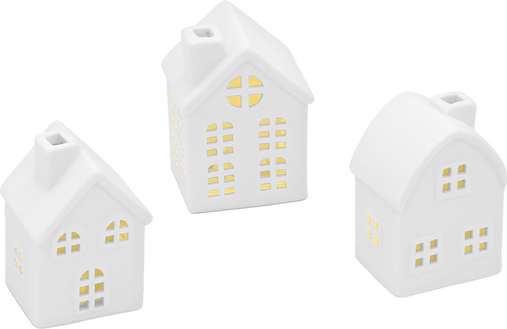 LED Keramik Haus weiß 9 cm - 3er Set - Deko Weihnachtsdorf mit Beleuchtung in warm weiß - Weihnachts Tisch Deko Aufsteller Winter Haus