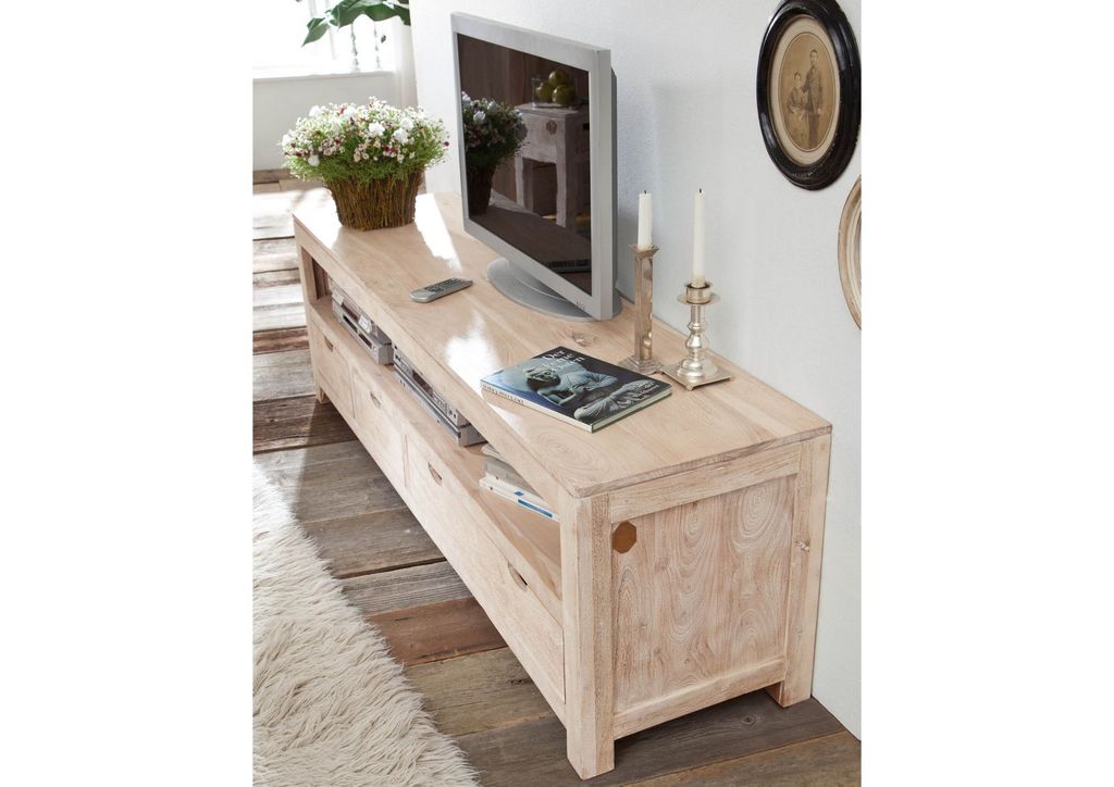 MASSIVMOEBEL24 TV-Board Akazie 190x50x60 white stone getüncht NATURE WHITE #44