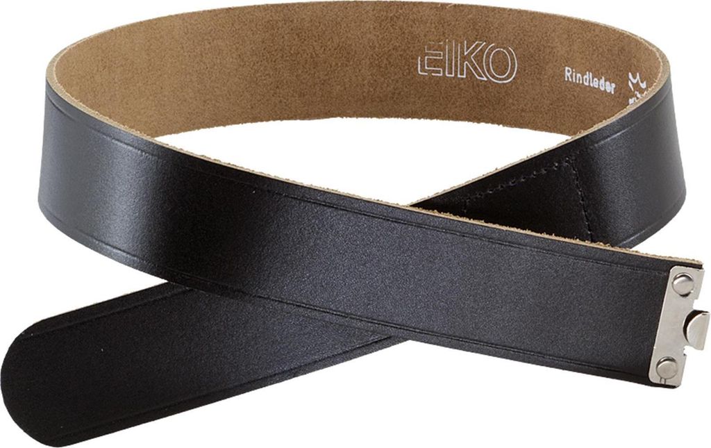 A black leather belt is shown against a white background.