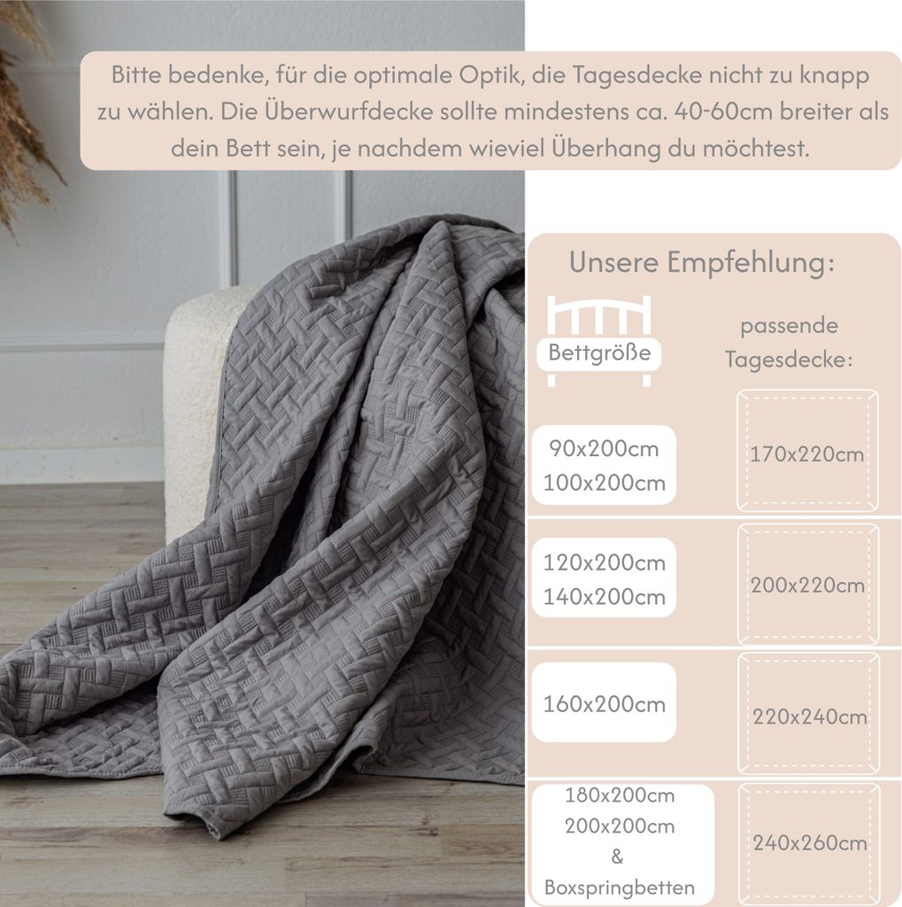 Tagesdecke Bettüberwurf Überwurf Grau 200x220cm Produktbild 2