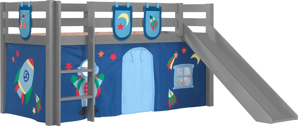 Spielbett mit Rutsche und Textilset Pino Kiefer Grau
