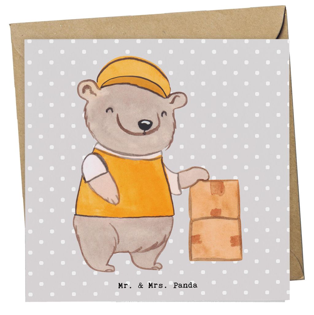 Mr. & Mrs. Panda Grußkarte Paketzusteller Herz - Grau Pastell - Geschenk, Fröhlich, faltkarte, Paketbote, Zustellservice Pakete, Glückwunschkart...