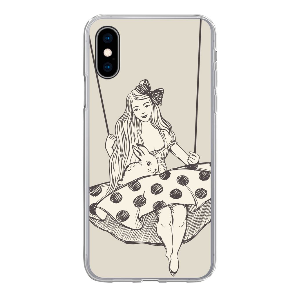 MuchoWow Handyhülle Schutzhülle Hülle für iPhone X Mädchen in gepunktetem Kleid mit Kaninchen Silikon Softcase Handy Hülle - Handyhülle