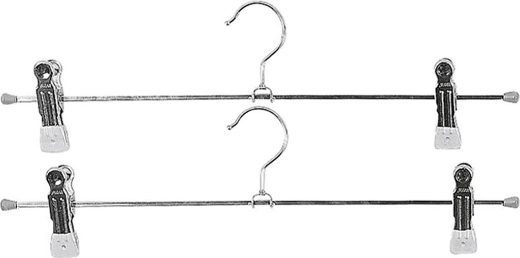 Two silver pant hangers with clips against a white background.