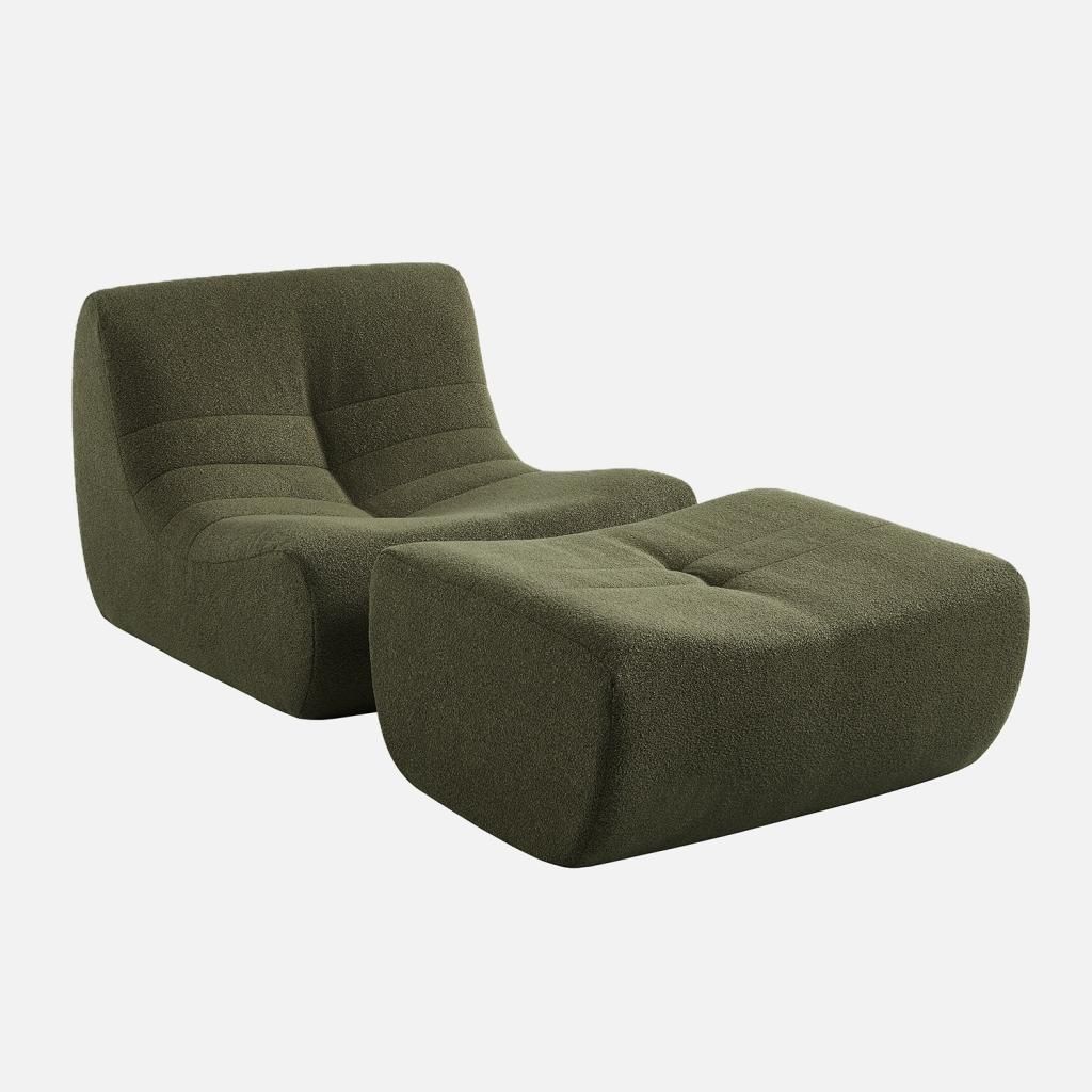 sweeek - Sessel mit strukturiertem Bouclé-Bezug und Hocker - Khaki