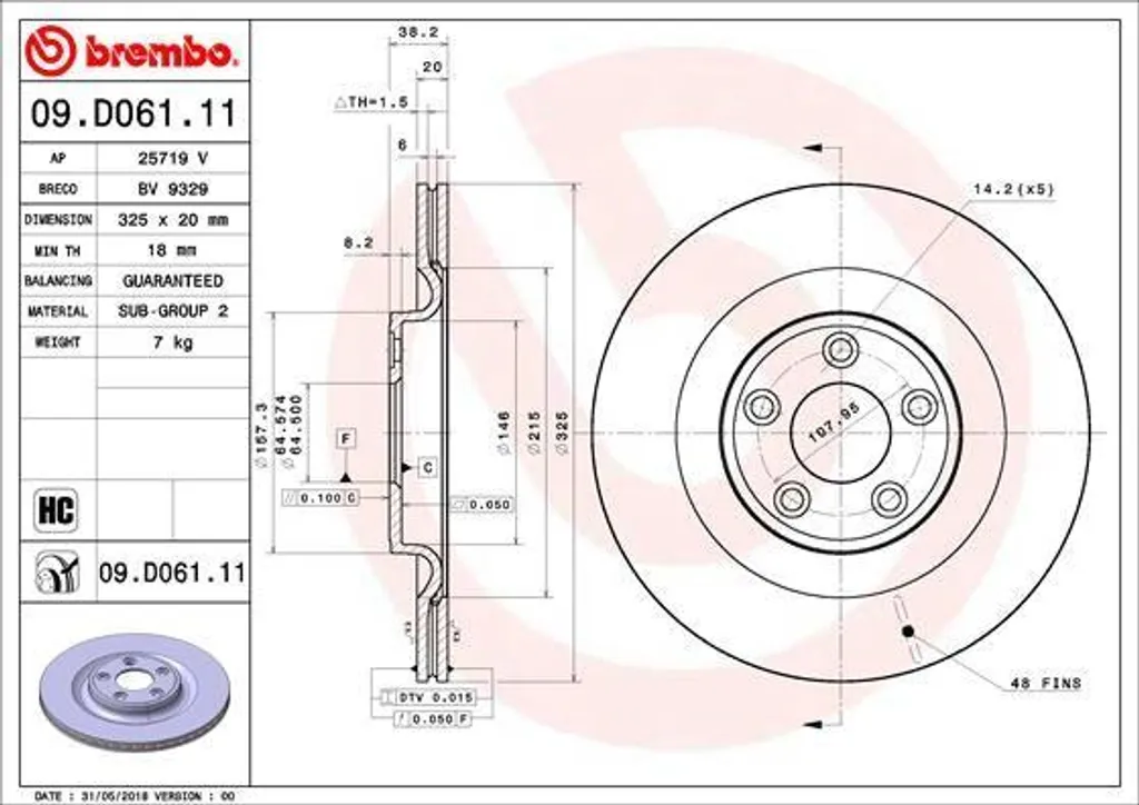 Disque de frein Brembo 09.D061.11 pour Jaguar F-Type et XJ C2D27617