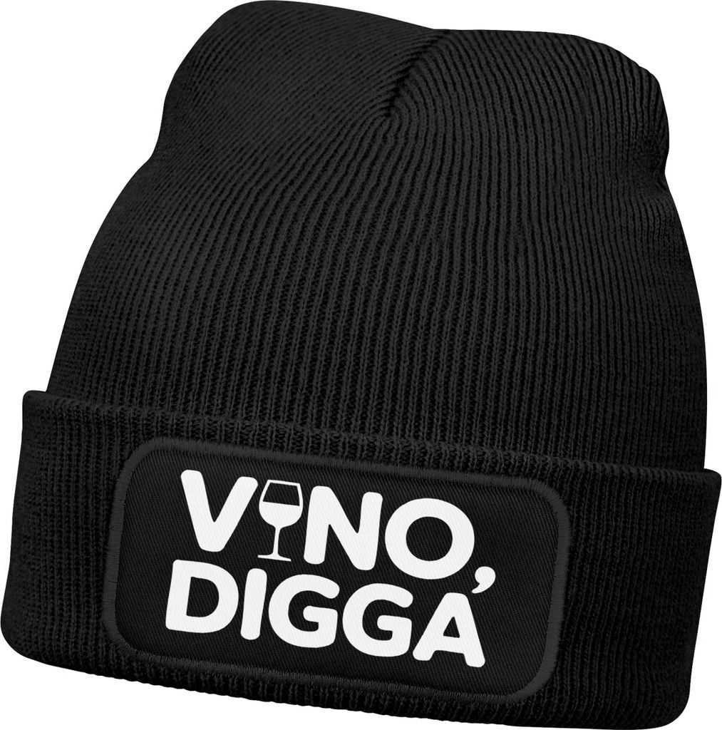 Herren Beanie Strickmütze mit Spruch Aufdruck Lustig Vino Digga Mütze Männer Geschenk Weinliebhaber Moonworks
