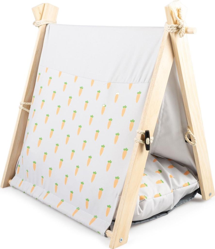 Tipi für Kleinsäuger und Kaninchen, Holz & Baumwolle, 35x41x43,5 cm, mit Plüsch-Hängematte und Karotten-Design