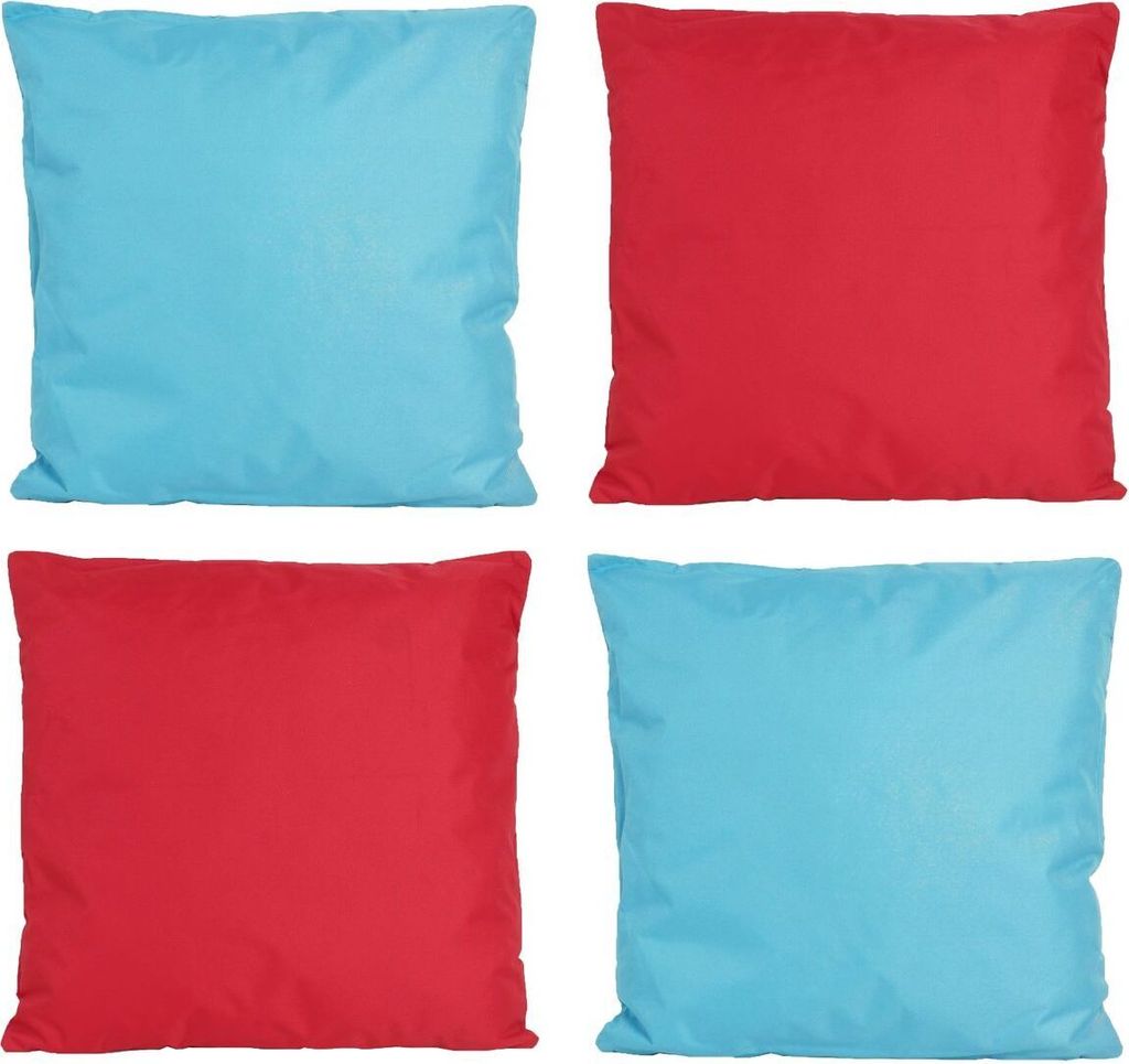 JACK 4x Outdoor Lounge Kissen 45x45cm viele Farben Dekokissen inkl. Füllung Wasserfest Sitzkissen Garten Stuhl, Farbe:2x Rot - 2x Hellblau