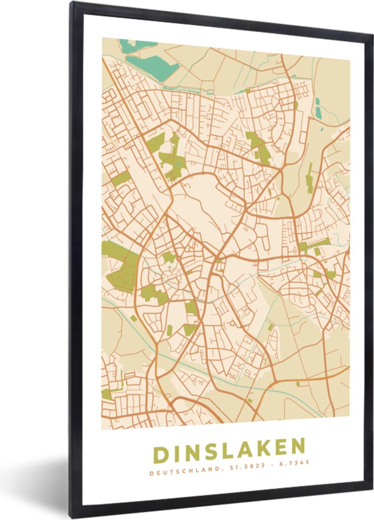 MuchoWow Gerahmtes Poster Karte - Dinslaken - Karte - Stadtplan - Vintage 40x60 cm - Poster mit Schwarzem Bilderrahmen Wandposter Rahmen Foto Bil...