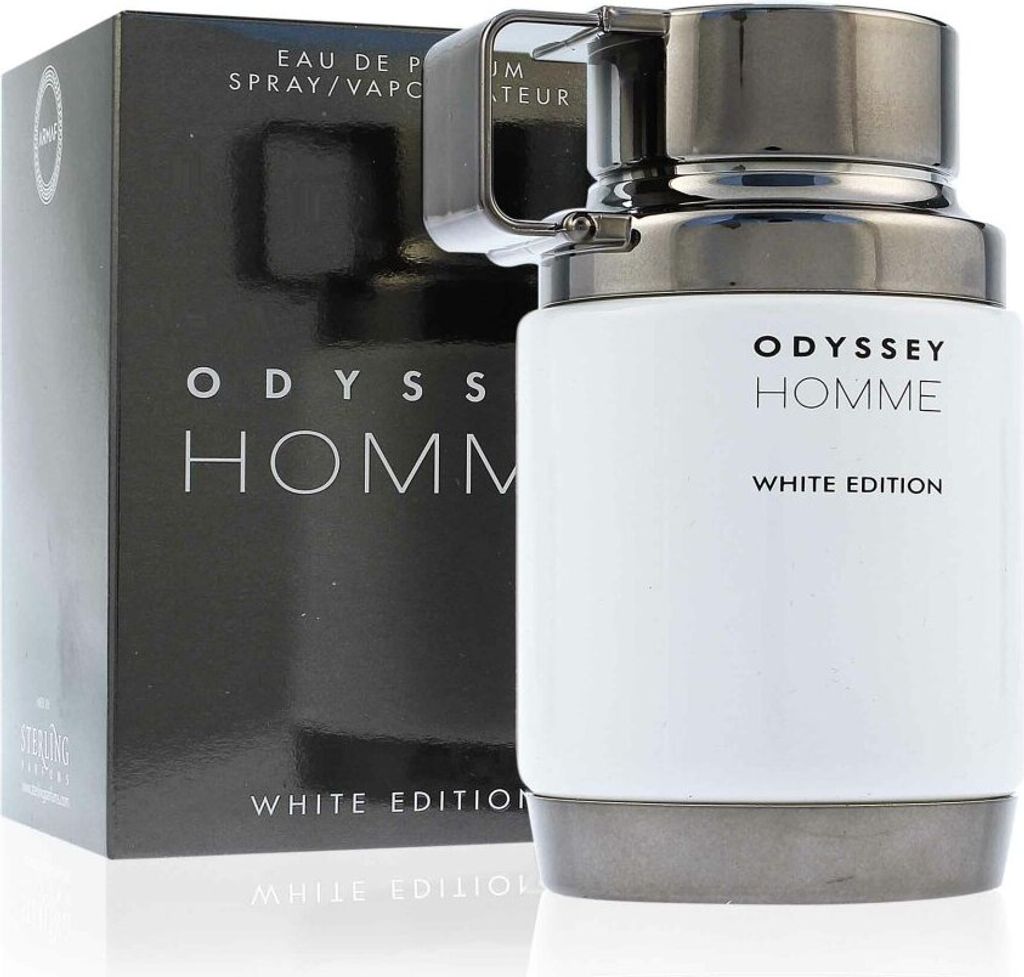A bottle of Armaf Odyssey Homme White Edition Eau de Parfum for men and its packaging are displayed against a white background.