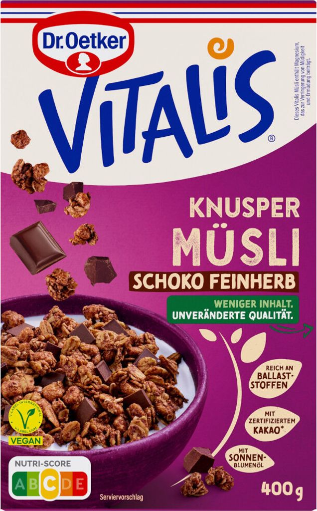 Dr. Oetker Vitalis Knuspermüsli Schoko feinherb Packung Produktbild 