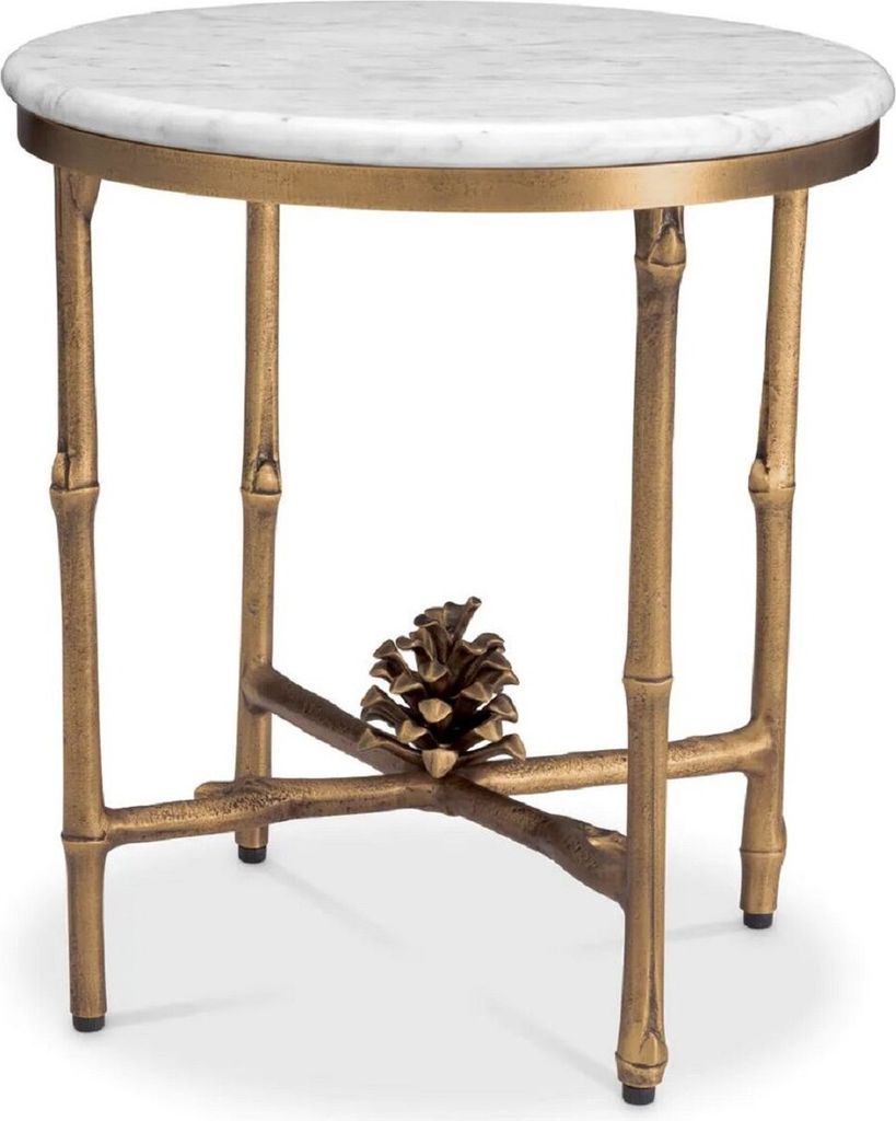 Casa Padrino Luxus Beistelltisch Vintage Messing / Weiß Ø 43 x H. 45,5 cm - Runder Messing Tisch mit Marmorplatte - Wohnzimmer Möbel - Luxus Mö...