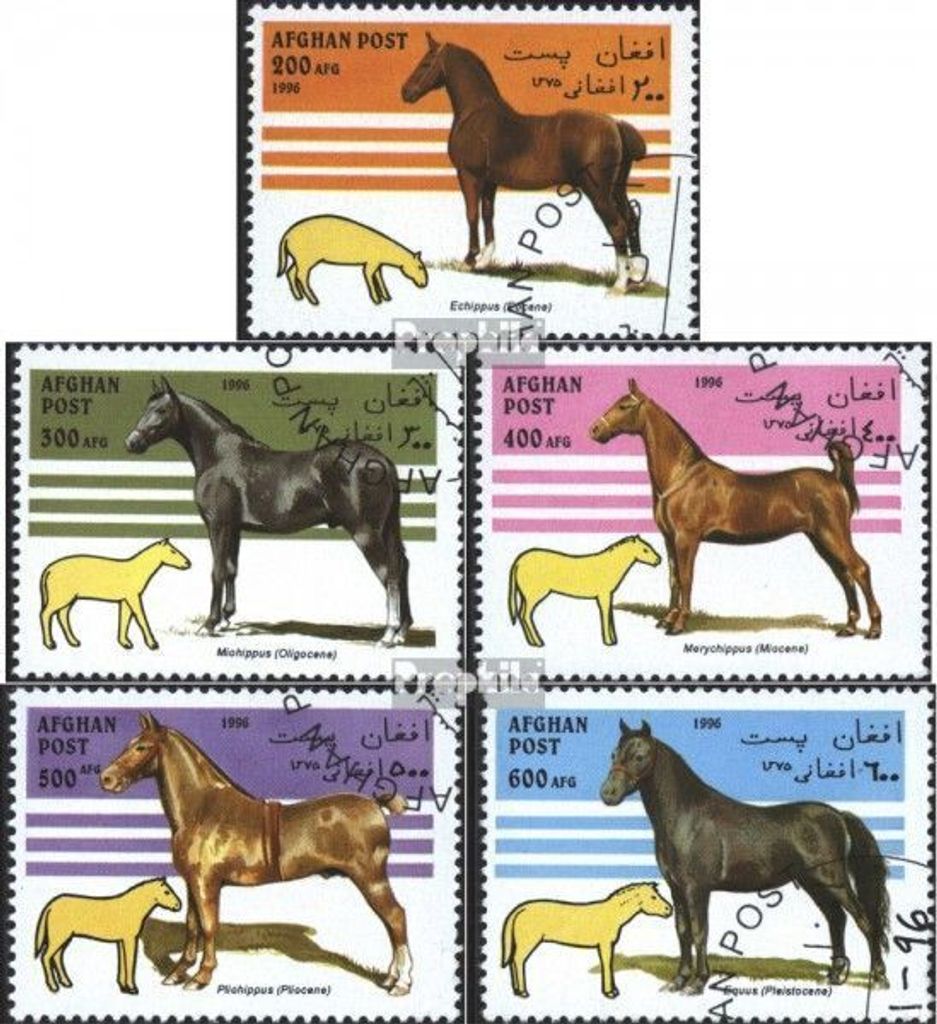 Briefmarken Afghanistan 1996 Mi 1695-1699 (kompl.Ausg.) gestempelt Evolution des Pferdes und heutige Pferderassen