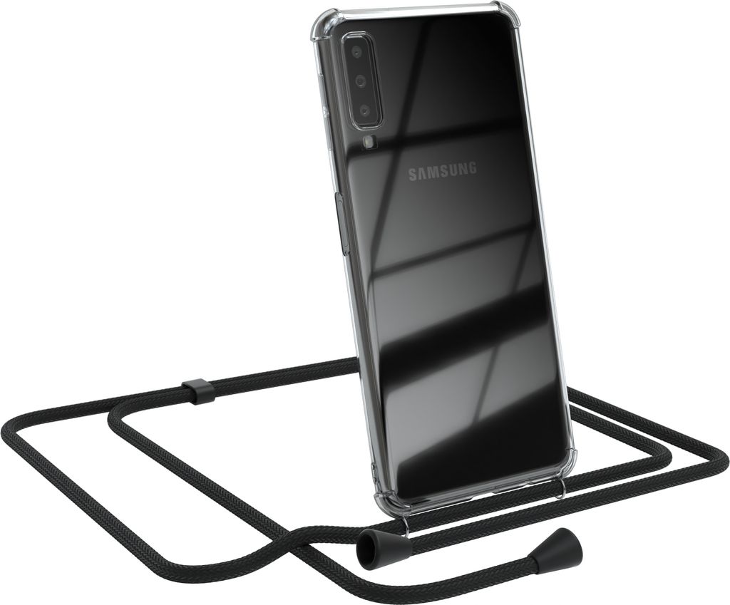 EAZY CASE Handykette kompatibel mit Samsung Galaxy A7 2018, Handyhülle mit Umhängeband, Handykordel, Schutzhülle Clear, Band in Schwarz