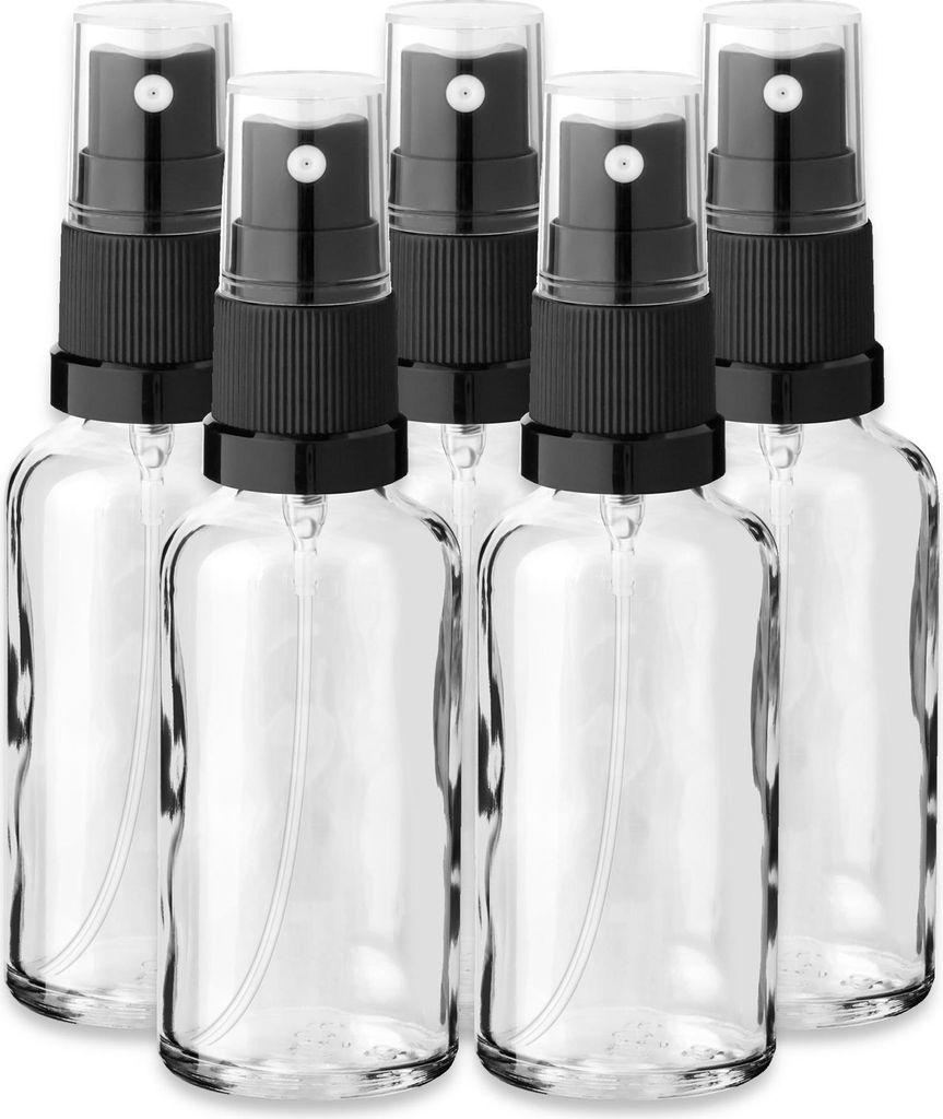 5x Glasflasche klar 100 ml mit schwarzem Zerstäuber Sprükopf Pumpspray
