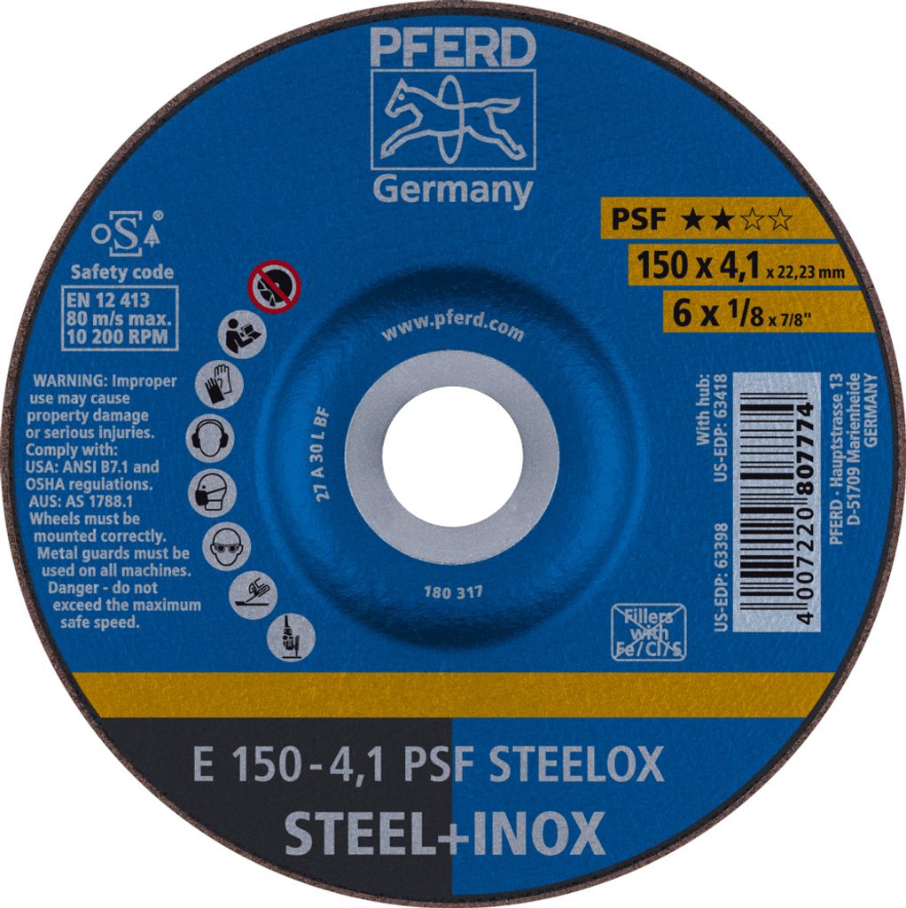 PFERD TOOLS Schruppscheibe E 150x4,1x22,23 mm Universallinie PSF STEELOX für Stahl/Edelstahl