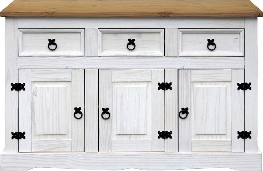 Möbilia Sideboard | 3 Schubladen, 3 Türen | Kiefer massiv | weiß-braun | B 130 x T 45 x H 80 cm | 19020025 | Serie KOMMODE