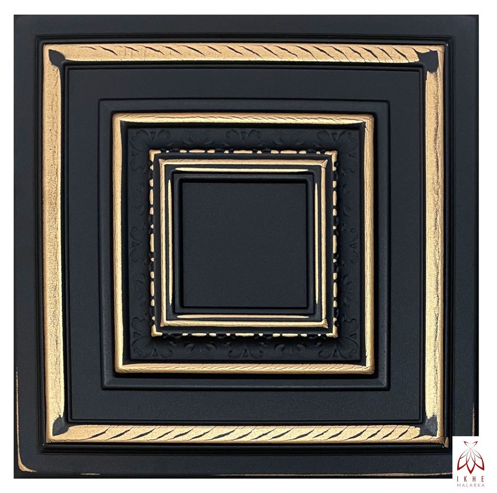 A square decorative panel with concentric square frames and gold trim.
