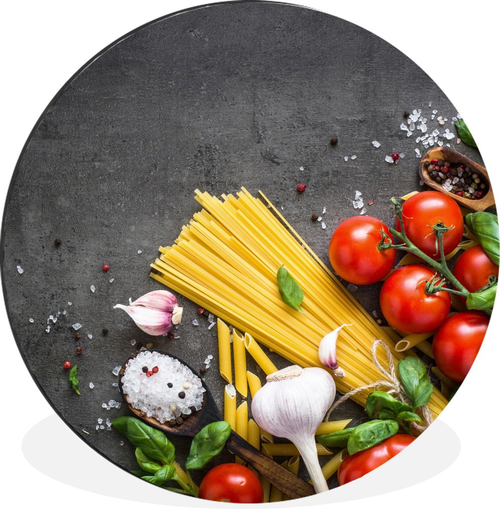 MuchoWow Aluminium Wandkreis Nudeln - Kräuter - Tomate - Gewürze - Rustikal Ø 30 cm Wanddeko Modern Wohnzimmer - Wand Bild - Wohnzimmer - Rund...
