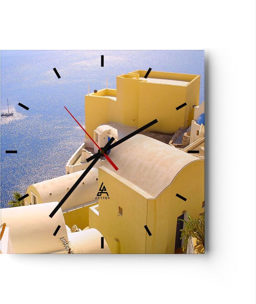 Wanduhr - Quadrat - Glasuhr - Haus wohnung gebäude griechenland - 40x40cm - Schleichendes Uhrwerk - Lautlos - zum Aufhängen bereit - Dekoration M...