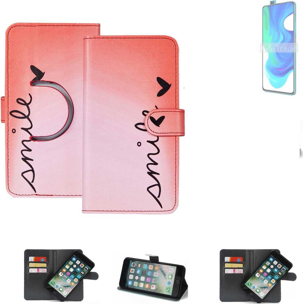 K-S-Trade Schutzhülle Handyhülle kompatibel mit Xiaomi Poco F2 Pro Hülle cover bookstyle Etui ''smile'' rot Standfunktion Kameraschutz (1Stk)