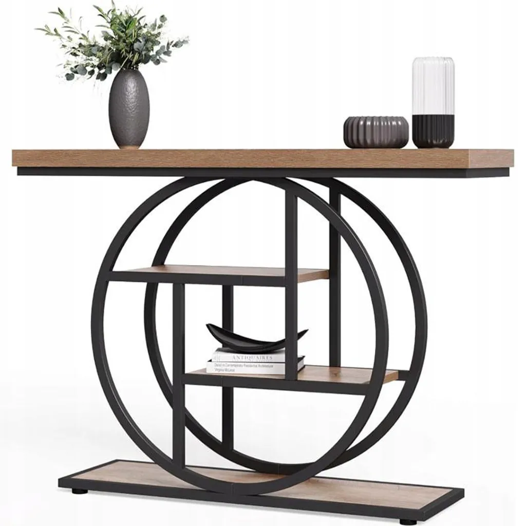 Table d'appoint longue 105 cm robuste en bois marron et cadre noir