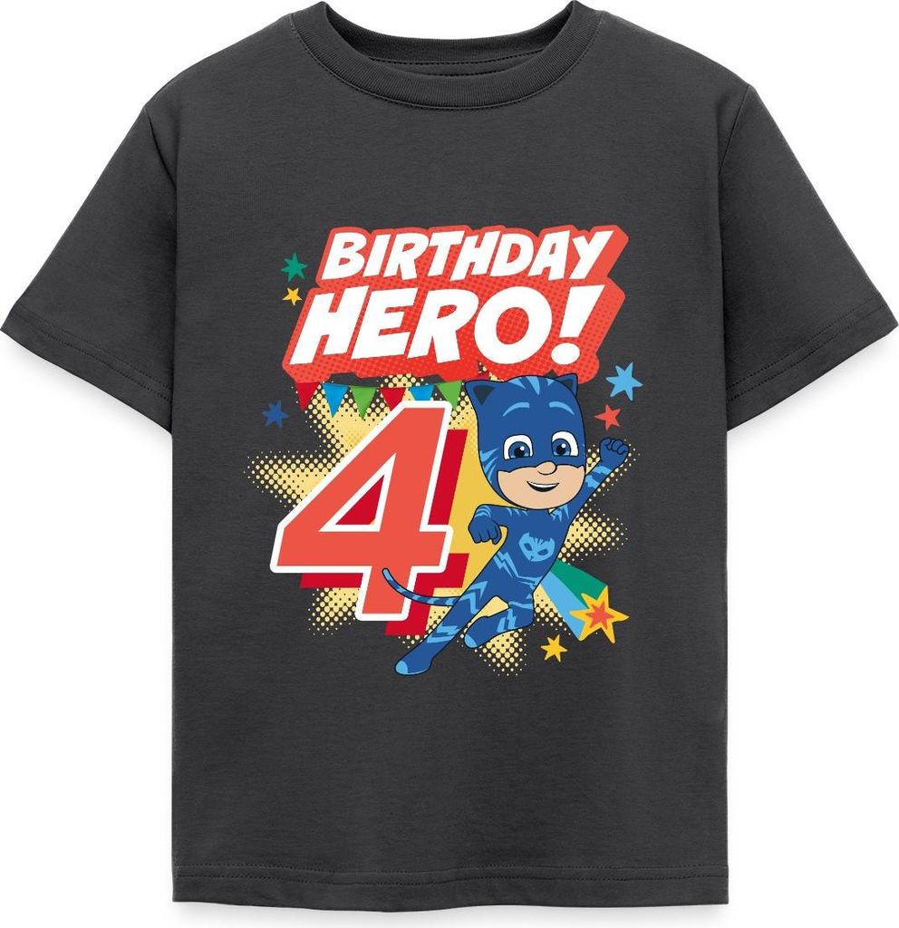 Spreadshirt PJ Masks Catboy Birthday Hero 4. Geburtstag Kinder T-Shirt, 110/116 (5-6 Jahre), Dunkelgrau