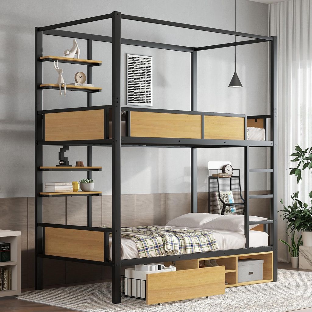 Etagenbett, Eisenbett, Eisen + MDF, Doppeltes Ablageboard an der Bettseite, Stabile Geländer und Leitern, Stauraum unter dem Bett, Bettvorhang kan...