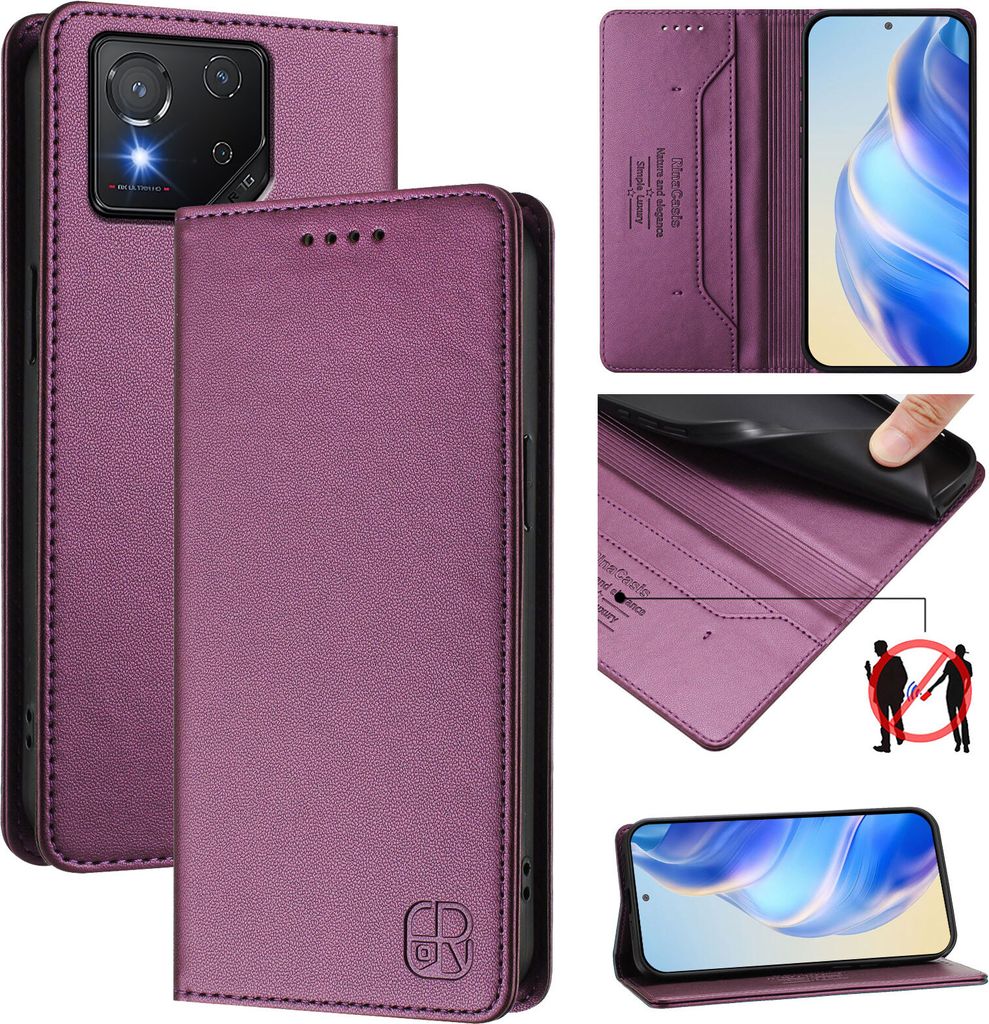 Lederhülle für Asus ROG Phone 8 / 8 Pro Hülle Flip Brieftasche Kartenfächern Ständer Schutzhülle Lila